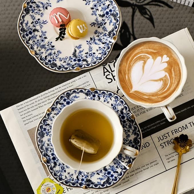 Porcelain Tea Cups and Saucers Set of 2, 6 Oz Vintage Country Roses Bone China Tea Cup with Gold Trim, Spoon, 6 Pieces Coffee Cappuccino Mugs for Women, Tea Parties, Wedding Gifts