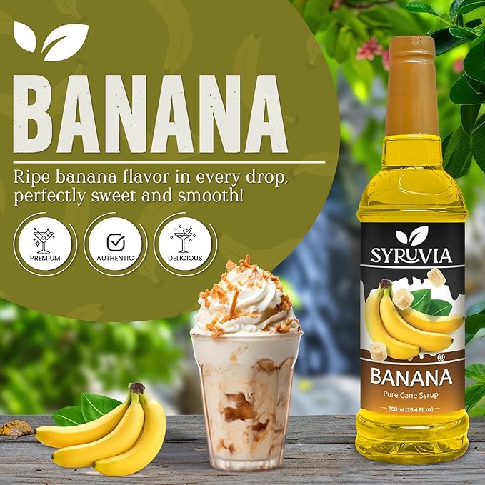 Syruvia Banana Coffee Syrup, Flavored Syrup for Drinks, Lattes, and Desserts – 25.4 fl oz,