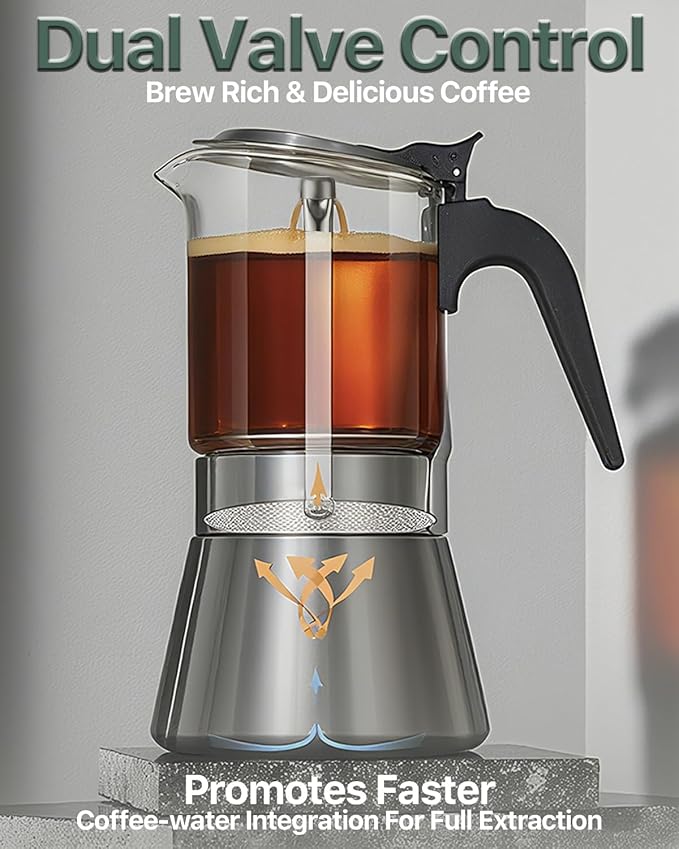 Grasseed Crystal Glass-Top Moka Pot, Polished Stainless Steel Stovetop Espresso Maker for Italian Coffee, Gift for Coffee Lovers - 9 Cup/360ml/12.6oz