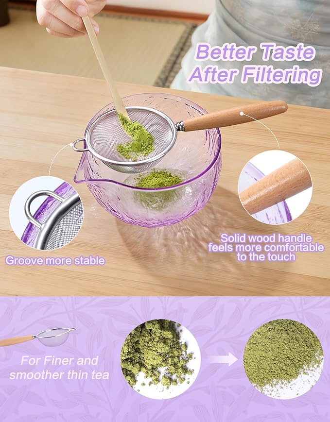 Matcha Whisk Set- 7 Pcs, Matcha Kit Includes Matcha Bowl, Matcha Whisk and Holder, Bamboo Scoop, Spoon, Sifter and Tea Towel, Matcha Set, Gift for Matcha Lovers Beginner (Light Blue)