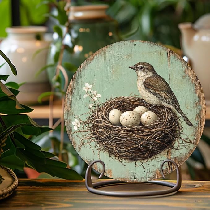 1pc Vintage Bird and Egg in Nest Round Aluminum Sign, 8x8 Inch Farmhouse Wall Decor with Pre-Drilled Holes, Durable Garden Yard Art for Home,Halloween & Christmas Gifts, Outside Decor - Image 2