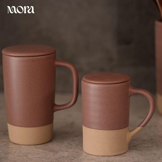 MORA Ceramics Large Tea Mug with Loose Leaf Infuser and Ceramic Lid, 18 oz, Portable, Microwave, Dishwasher Safe, Tall Coffee Cup - Rustic Matte Ceramic Glaze, Modern Herbal Tea Strainer, Terracotta