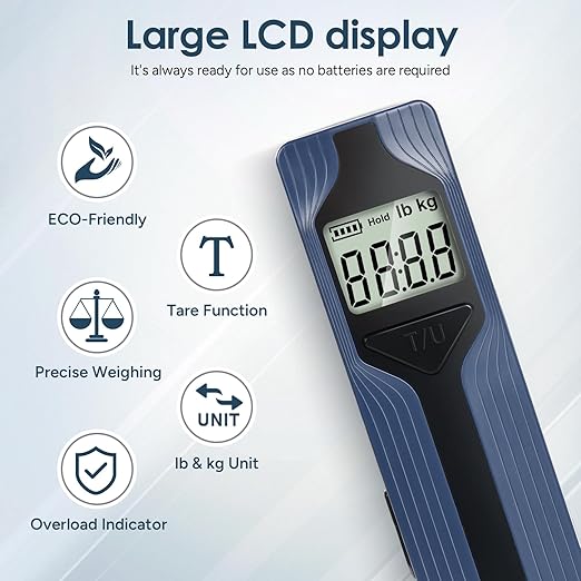 travel inspira Luggage Scale Battery-Free, Travel Essentials, Portable Handheld Digital Suitcase Weight Scale for for Travel Accessories, 110lbs/50kg (Dark Blue)
