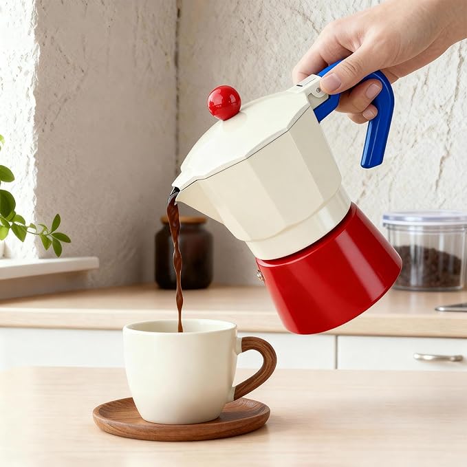 ShanSon Moka Pot Stovetop Espresso Maker 3 Cup 5 oz Italian Coffee Maker Manual Cuban Coffee Percolator Machine Italian Espresso Greca Coffee Maker for Cappuccino or Latte,Red/White