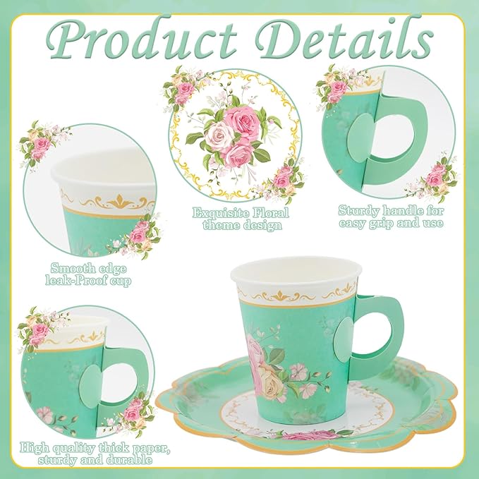 200Pcs Floral Tea Cups and Saucers for Tea Party Supplies, Disposable Tea Cups with Handle and Paper Napkins Dinnerware for Floral Theme Birthday Wedding Bridal Shower Baby Shower(Green)