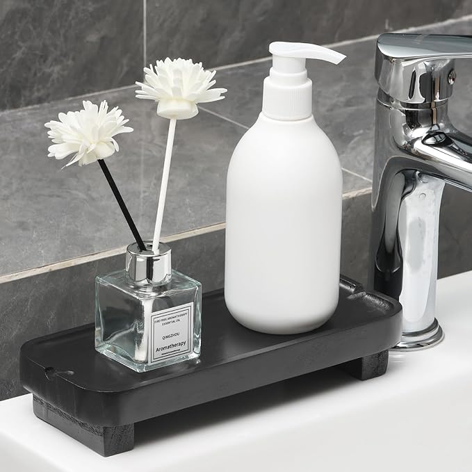 Wood Riser Small Decorative Tray Sink Soap Dish, Vanity Tray Pedestal Stand 8.7 x 3.6 inches (Black)
