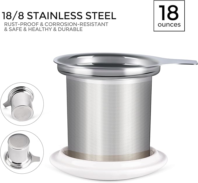 GBhome Tea Mug with Infuser and Lid, 18 Ounce Large Ceramic Loose Leaf Tea Cup, Microwave, Dishwasher Safe Tea Steeping Mug, Pefect Gift For Tea Lover.