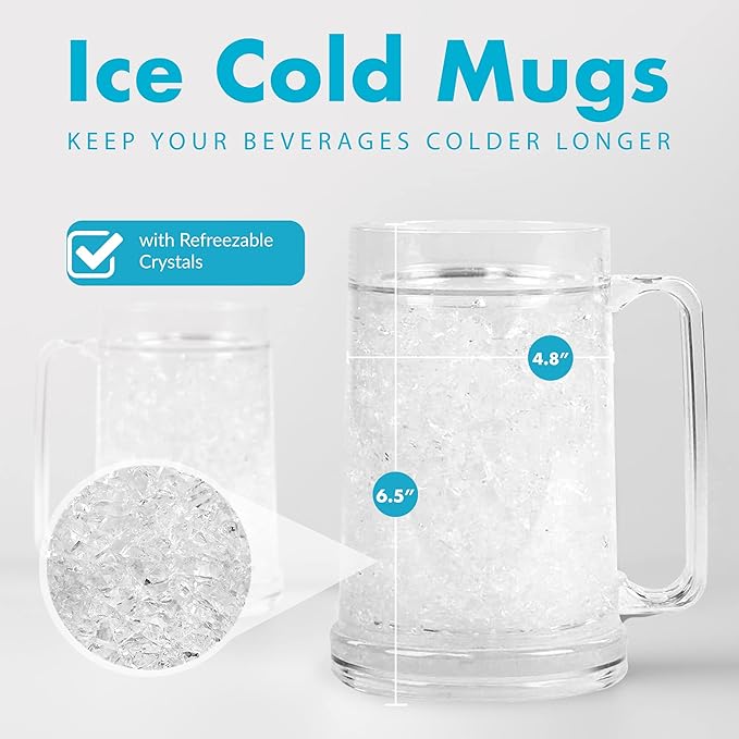 Simply Green Solutions - Clear Mug, Frozen Mugs for Freezer, Double Walled Beer Mug, Freeze Cups for Drinks, Insulated Plastic Mugs with Handles, 16 Oz Capacity