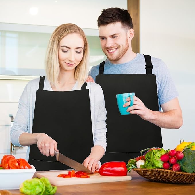 VALOME 2 Pack Kitchen Aprons with Pockets, Cooking Chef Apron for Men Women | Adjustable Neck Strap, Unisex Bib Soft Aprons, Cotton-Blend, for Grilling Cooking Gardening Baking - Image 6