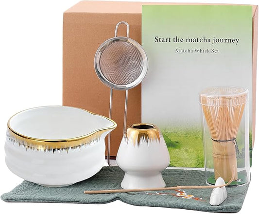 Spouted Matcha Bowl – 7-Piece Matcha Whisk Set, Golden-Textured White Porcelain Matcha Utensils, for Home Use & Matcha Enthusiasts