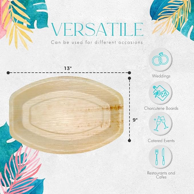 Oval Palm Leaf Trays Pack of 10-Disposable Serving Tray Charcuterie Boards & Grazing Platters, Eco-Friendly Compostable Biodegradable Plates, Durable Party Catering Serving Platter - (13x9 Inch)