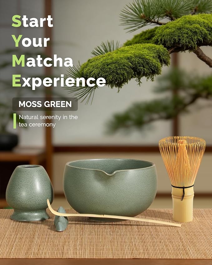 Maestri House Matcha Whisk Set, 7-Pc Complete Matcha Kit with Spouted Ceramic Bowl, Bamboo Whisk and Holder, Scoop, Spoon Rest & Sifter, Tea Cloth – Ideal Gift for Matcha Lovers (Moss-Green)