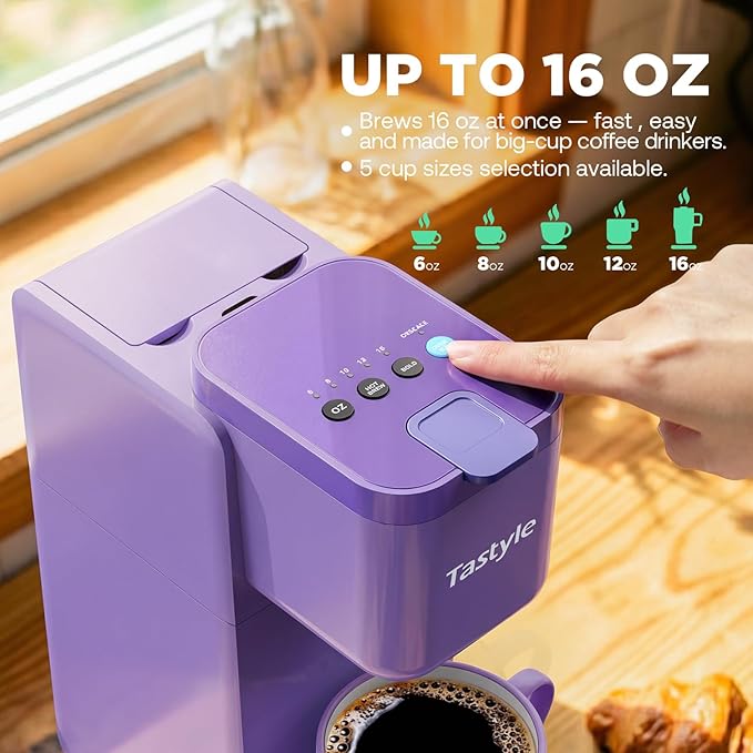 Single Serve Coffee Maker Hot and Iced with Bold Brew, Small Coffee Machine for K Cup and Ground, Fits 7.3'' Travel Mug, Brews up to 16 Oz, 5 Cup Sizes, Compact for Office, RV& Hotel, Lavender