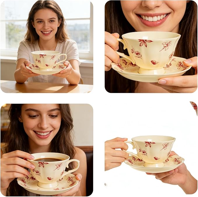 Vintage Porcelain Tea Cup and Saucer Set for 1, 8 oz Cappuccino Cup with Golden Spoon, Small Cream Red Floral Latte Art Cup, Happy Birthday Gifts