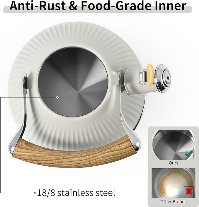 LONFFERY Tea Kettle for Stove Top, 2.5 Quart Whistling Tea Kettle, Stainless Steel and Wood Pattern Folding Handle, Creamy White