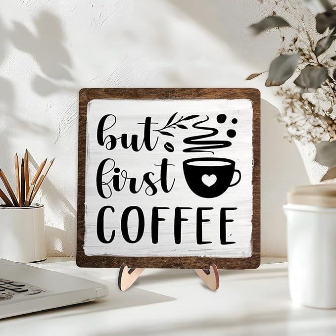Vintage Coffee Bar Wooden Plaque Desk Sign, Farmhouse Wood Plaque Tabletop Decor for Cafe Bar Kitchen Office,Coffee Station Accessories 5.9x5.9Inch (White&Brown4, 5.9x5.9inches)