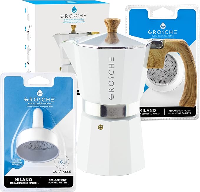 GROSCHE Milano 6 espresso cup white moka pot & 3 spare stove top espresso maker gaskets & 1 spare filter screen & 1 spare moka pot funnel bundle