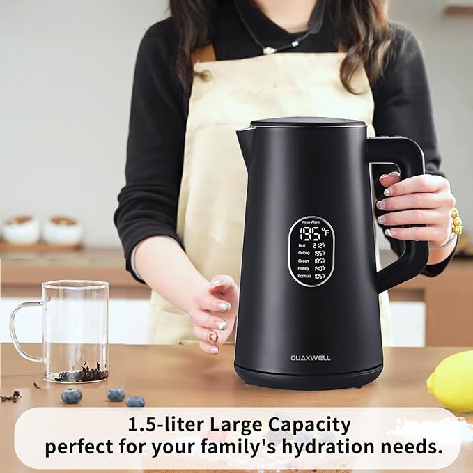1.5L Electric Kettle Stainless Steel, Double Wall Cool Touch,Fast Boil,5 Temperature Control, LED Display, Auto Shut-Off, BPA-Free,Keep Warm Function, Ideal for Tea & Coffee (Black)