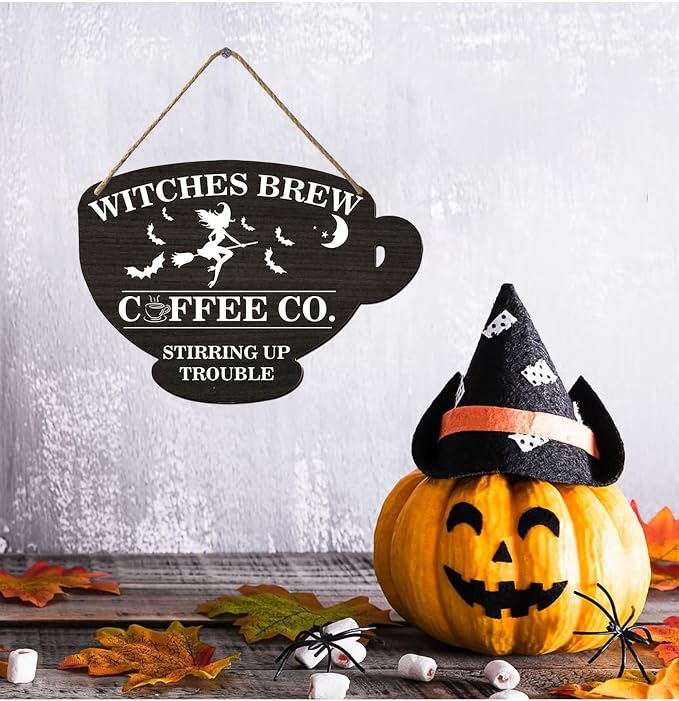 Halloween Witches Brew Coffee Co.Wood Sign Coffee Cup Wooden Sign Alloween Coffee Shop Home Kitchen Office Cafe Coffee Station Door Wall Decor 4.8x6.78 Inch - Image 4