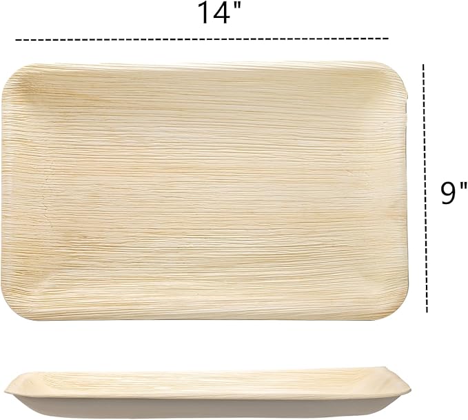 Dicunoy 20 PCS Palm Serving Plates, 14" x 9" Disposable Charcuterie Boards, Rectangle Bamboo Wood Like Platters Trays, Heavy Duty Party Plates for Dinner, Weddings, BBQ, Catering, Events