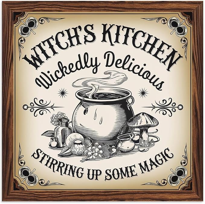Vintage Halloween Witches Kitchen Stirring Up Some Magic Wooden Sign, With Frame Witch Cauldron Sign for Home Kitchen, Cafe, Bedroom Halloween Decor 7.87x7.87 Inch by Nwijvsn