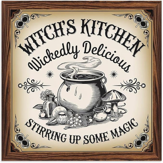 Vintage Halloween Witches Kitchen Stirring Up Some Magic Wooden Sign, With Frame Witch Cauldron Sign for Home Kitchen, Cafe, Bedroom Halloween Decor 7.87x7.87 Inch by Nwijvsn