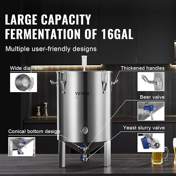 VEVOR Fermentation Tank 16 Gal,Stainless Steel Beer Brew Fermentor, Brew Bucket Fermentor for Home Brewing with Conical Base Brewing Equipment