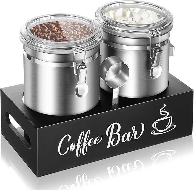 Maxcheck 2 Pcs 66 oz Coffee Sugar Canisters with Shelf & Scoop, Easter Gifts Airtight Stainless Steel Container with Lids, Home Kitchen Food Storage Jars for Grounds, Beans, Tea, Cereal(Silver)