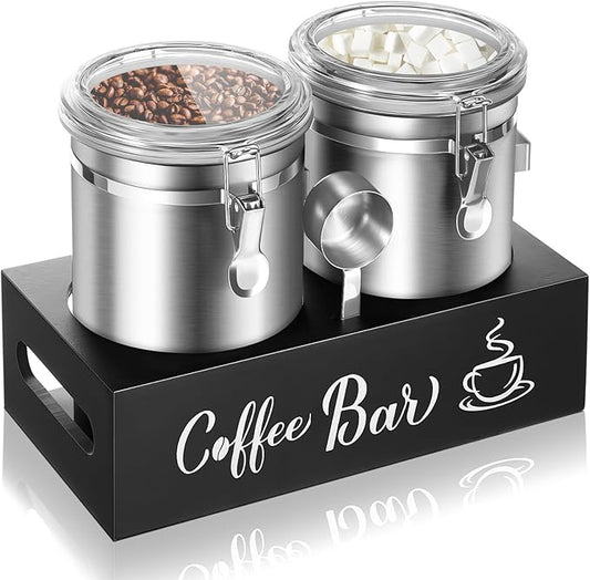 Maxcheck 2 Pcs 66 oz Coffee Sugar Canisters with Shelf & Scoop, Easter Gifts Airtight Stainless Steel Container with Lids, Home Kitchen Food Storage Jars for Grounds, Beans, Tea, Cereal(Silver)