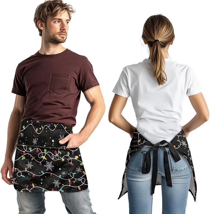 Waist Apron with 3 Pockets Waterproof 13 Inch Short Half Waist Aprons Women Men Server Aprons Waitress Waiter Apron - Image 2