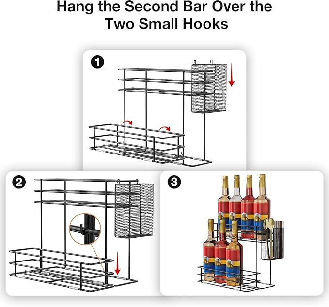 OVICAR Coffee Syrup Organizer Rack - 8 Bottle Holder Stand for Coffee Bar & Station Accessories with Straw & Pod Basket, 2 Tiers Black