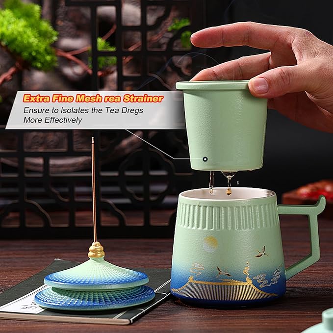 Tea Cup with Infuser and Lid,Loose Leaf Tea Steeper Cup 14.8oz Ceramic tea Infuser Mug Travel Large Steeping Cup Diffusers Mugs with Fine Strainer and Handle