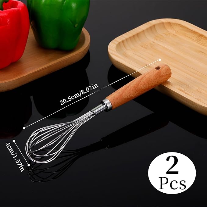 2 PCS Whisk Wooden Handle Stainless Steel, Wisking Tool Stainless, Kitchen Hand Whisk, Non Stick Balloon Whisk for Stirring, Whisking, Beating, Blending, Egg, Batter (8.07"L X 1.57"W)