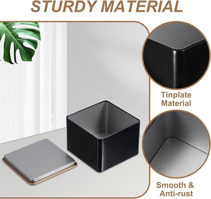 PATIKIL Metal Tea and Tin Set 3.35"x3.35"x2.56", 2 Pcs Metal Storage Airtight Storage Square Container with Lid for Loose Tea Coffee Candy Treats Gifts Spice DIY, Black-Gold