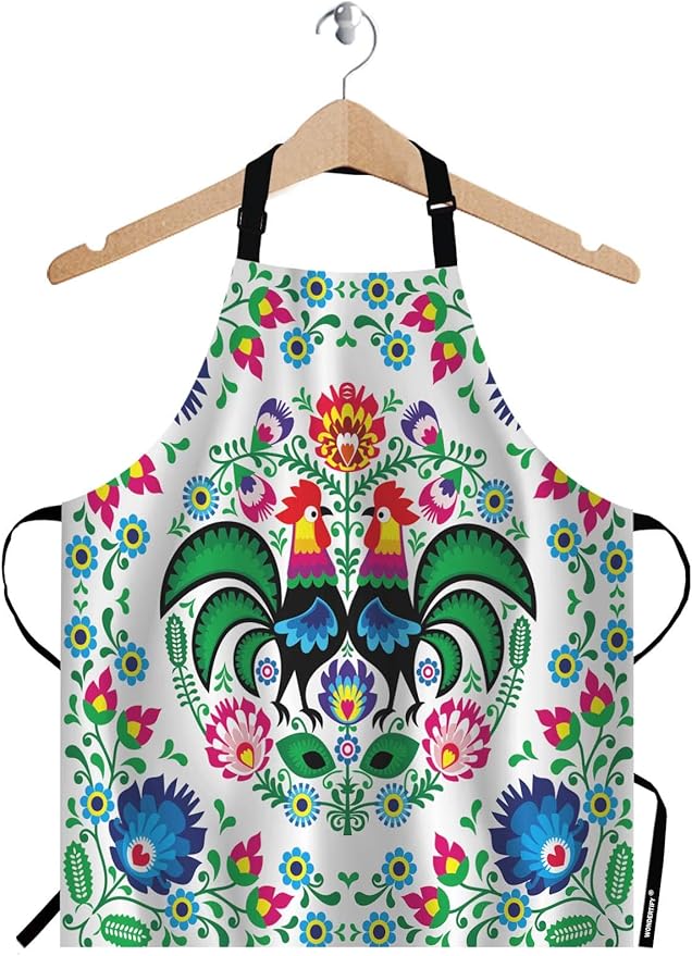 Wondertify Polish Floral Folk Art Apron,Square Pattern with Rooster Lowicz Cutouts Patterns Green Bib Apron with Adjustable Neck for Men Women,Suitable for Home Kitchen Cooking Bistro Baking BBQ Apron
