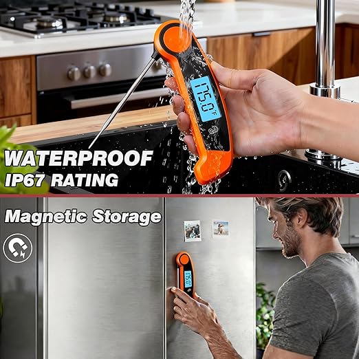 Meat Thermometer Digital Waterproof Instant Read Thermometer for Cooking Food Thermometer with Backlight & ±0.5℃ Precision Cooking Thermometer for Kitchen ℃/℉ Convertible Orange