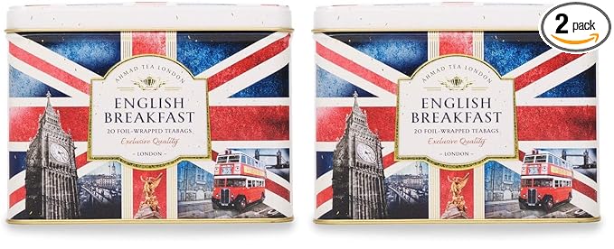 Ahmad Tea Black Tea, Nostalgic Britain Metal Caddy, English Breakfast Tea, 20 foil teabags - Caffeinated & Sugar-Free (Pack of 2)