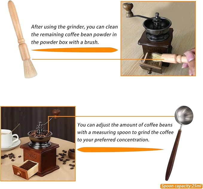 Retro style wooden handcrafted coffee grinder, ceramic hand-cranked crank, wooden handcrafted coffee grinder cleaning brush, coffee measuring spoon, dust cover (7.4 x 3.3 x 6.2 inches)