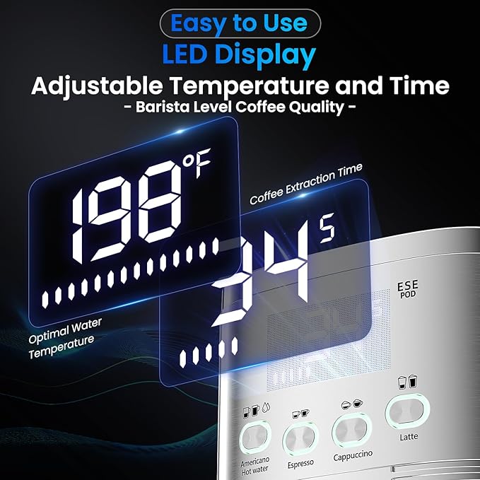 Espresso Machine 20 Bar Temperature Time LED Display Espresso Maker with Stepless Adjustable Automatic Milk Frother for Cappuccino Latte Americano Stainless Steel Coffee Machine with ESE Pod Filter