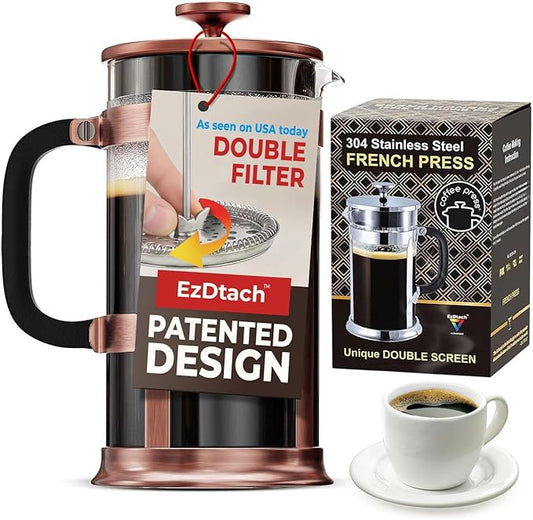 EzDtach Glass French Press Coffee Maker 34oz Copper – Double Filter Borosilicate Glass Pot with 304 Stainless Steel Coffee Press and 2 Extra Screen, Easy to Use and Clean Design for Full-Bodied Flavor