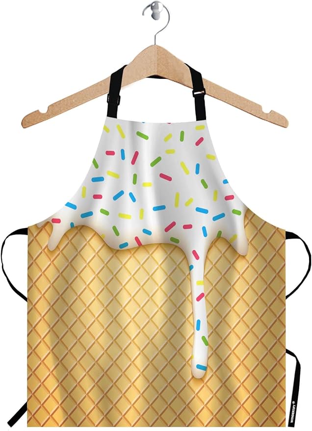 WONDERTIFY Ice Cream Apron,Cartoon Ice Cream Cone with Dripping White Glaze and Wafer Texture Bib Apron with Adjustable Neck for Men Women,Suitable for Home Kitchen Cooking Waitress Chef Grill Apron