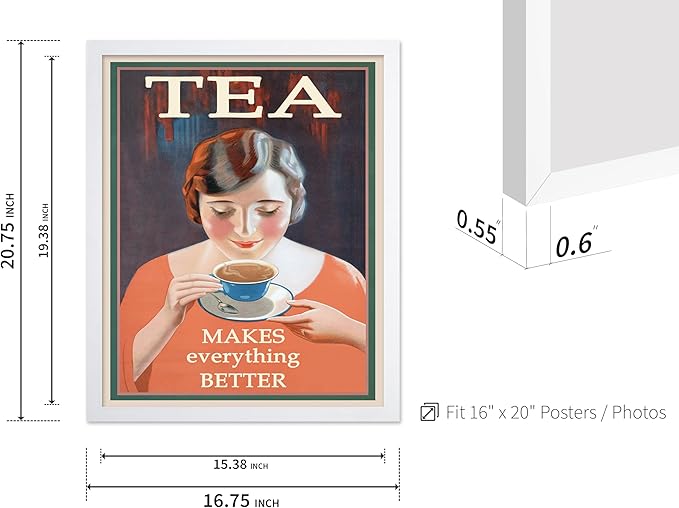 Poster Master Vintage Tea Makes Everything Better Print - Retro Food & Drink Poster - Positive Quotes Art - Gift for Women, Tea Lover - Decor for Kitchen, Teahouse - 16x20 White Framed