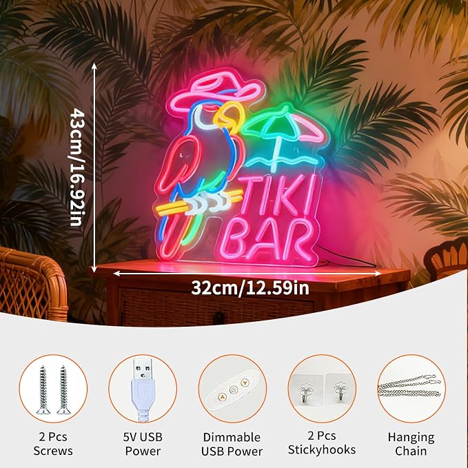 Tiki Bar LED Neon Sign, USB Powered Decorative Neon Light for Bar Party Home Patio Living Room Wall Table Tiki Theme Decor 12.6 x 16.9 In - Image 2