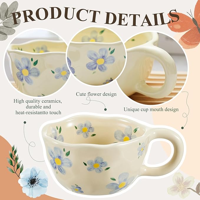 Vesici 4 Set Ceramic Flower Coffee Mug with Saucer Spoon 8.5 oz Vintage Floral Aesthetic Mugs Cute Tea Milk Cup for Women Mom Gift, Dishwasher and Microwave Safe (Mixed Styles)