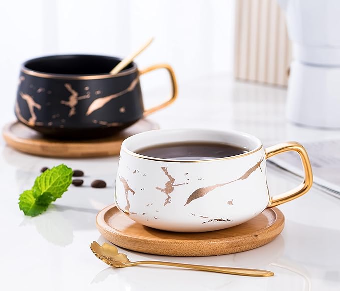 Jusalpha 10 oz Luxury Golden Hand Print Teacup Coffee Cup with Bamboo Saucer Set TCS19 (2 Sets, White)
