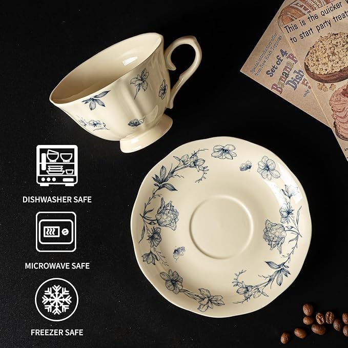 Vintage Porcelain Tea Cup and Saucer Set for 1, 8 oz Cappuccino Cup with Golden Spoon, Small Cream Blue Floral Latte Art Cup, Happy Birthday Gifts
