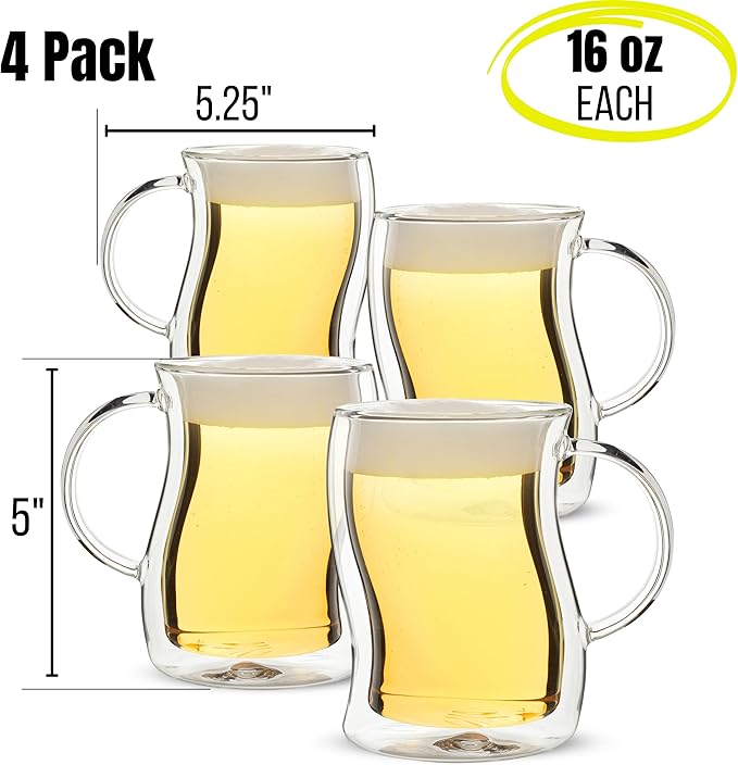 BTaT- Double-Walled Beer Mugs, 16 oz, 4 Pack, Double-Walled Glass with Handle, Insulated Beer Glasses, Drinking Glasses for Bar, Beverages, Alcohol, Water