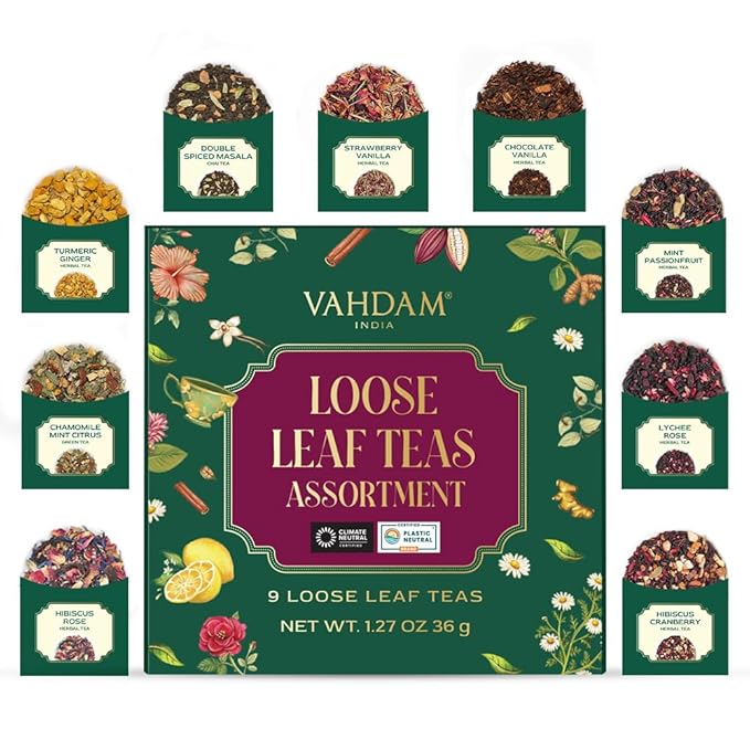 VAHDAM Top 9 Exotic Loose Leaf Tea Sampler (18+ cups) | Floral & Fruity Blends with Delicious Taste | Hot & Iced | Perfect for Gifting & Regular Consumption