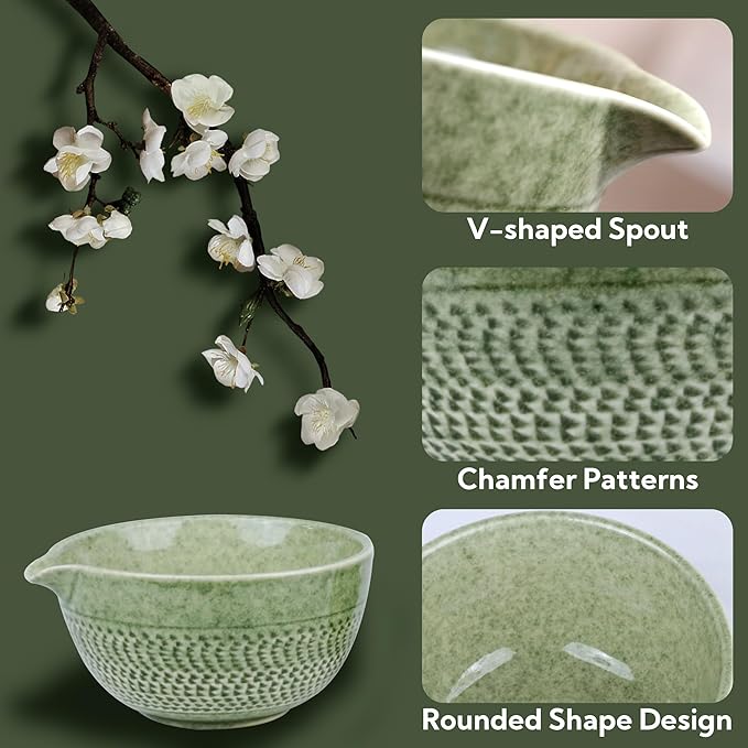 Japanese Matcha Bowl, Glazed Ceremonial Matcha Bowl with Whisk Holder for Matcha Powder/Matcha Tea/Japanese Matcha, 2 Color Options (Prasinous(Spout))