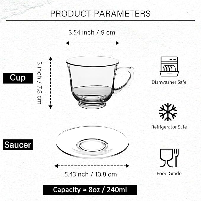 Glass Tea Cups and Saucers Set of 6 - Glass Coffee Mugs -Teacups for Espresso Cappuccino Latte Tea - Dishwasher Microwave Safe (8 OZ /240 ML)